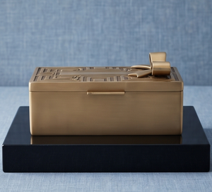 Luxury Rectangular Gold Metal Date And Dry Fruit Storage Box Geometric Embossed Lid With 3D Ribbon Bow Accent - Product Image 4
