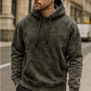 Sweat à capuche décontracté en coton lavé pour homme, couleur unie, en molleton bouclette, avec poche, coupe classique, idéal pour l'automne - Product Image 4