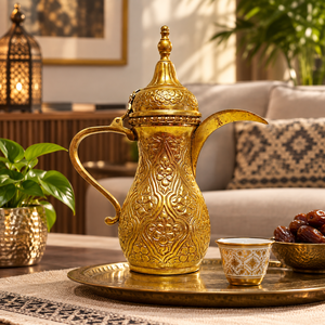 Vintage Embossed Floral Brass Arabic Coffee Pot Dallah Handmade Metal Tea <b>Kettle</b> Middle Eastern Cultural Drinkware Wholesale - Product Image 3