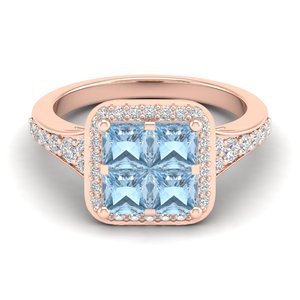 Anillo de diamantes REYES, el más vendido, de oro sólido de 14 quilates con certificado IGI para mujer, corte princesa, con piedra preciosa de aguamarina de 1.56 quilates. - Product Image 1