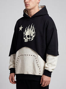 Sweat à capuche surdimensionné pour homme, imprimé graphique flamme et crâne, patchwork color block, clouté, style streetwear - Product Image 4