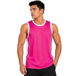 Men's Pink Sleeveless Crew Neck Basketball Tank Top Moisture Wicking <b>Athletic</b> Fit Solid Color Polyester Sportwear - Product Image 1