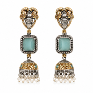 Factory Direct Price <b>Oxidized</b> Silver Vintage Flower Drop Earrings Bollywood Jhumka Tow Tone Monalisa Stone for Women Anniversary - Product Image 1