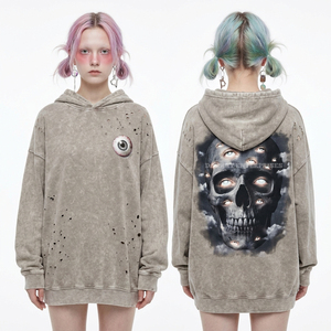 Sudadera con capucha Peach Acid Wash con estampado gráfico personalizado de mariposa y calavera, estampado de espinas en las mangas, estilo streetwear desgastado, de alta calidad, de forro polar. - Product Image 6