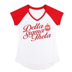 Maglietta Bianca con Scollo a V Delta Sigma Theta per Donne Vestibilità Comoda Tessuto Premium Abbigliamento Casual per Confraternite Greche - Product Image 4