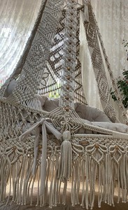 Fauteuil suspendu double en macramé beige, balançoire de jardin en macramé, chaise à bascule en macramé, chaise ronde en macramé, balançoire de patio en macramé - Product Image 4