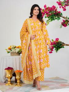 Conjunto de Vestido Formal de Verano para Mujer, Estampado Floral Amarillo, Largo hasta el Suelo, Tejido, con Kurta de Manga Larga y Pantalones Palazzo, Atuendo Casual para Fiesta - Product Image 3