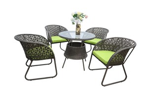 Ensemble de jardin en rotin d'extérieur, table ronde 4 places avec coussins verts, style contemporain, meubles résistants aux intempéries - Product Image 2