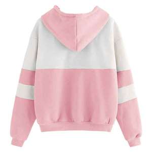Womens Oversized Color Blocked Hoodie Pink White Drop Shoulder Long Sleeve Woven Sweatshirt Tassel Drawstring Winter 100% Cotton - Product Image 2