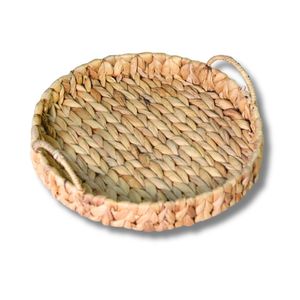 Handcrafted WATER HYACINTH <b>TRAY</b> FRUIT STORAGE BASKET with Cotton Liner, Metal Frame and Handles - Product Image 1