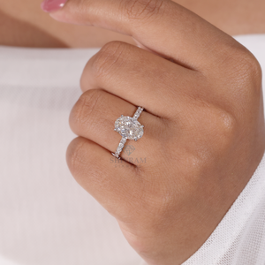 Oval Cut Lab Diamond Engagement <b>Ring</b> Pave Band Yellow Gold Solitaire Style Certified Luxury for Proposal Anniversary Bridal - Product Image 1