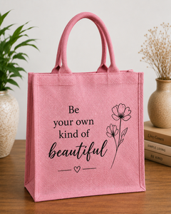 Pink Jute Shopping <b>Bag</b> Be Your Own Kind Of Beautiful Floral Design <b>Medium</b> <b>Size</b> Daily Use Tote Handle - Product Image 1