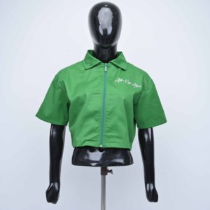 Veste Courte Femme de Qualité Supérieure Verte à Manches Courtes Col Rabattu Logo Brodé Décontractée Printemps-Été en Polyester Tissé - Product Image 1