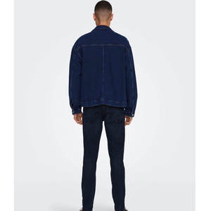 Men's Dark Blue Denim <b>Jacket</b> Regular Fit Turn-down Collar Casual Autumn Wear 100% Cotton Knitted Solid Color Eco-friendly Front - Product Image 5
