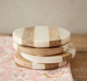 Protect <b>Tables</b> and Surfaces Modern Wood Geometric White Black Hexagonal <b>square</b> Round <b>Marble</b> and Acacia Coasters - Product Image 4