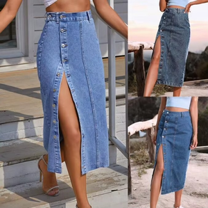 Jupe en jean d'été tendance, mini-jupe en denim sexy pour femme, taille haute, boutons latéraux, fente latérale, style streetwear moderne - Product Image 2