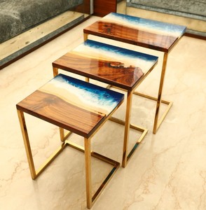 Wood Steel <b>Nesting</b> <b>Table</b> Set of 3 Handcrafted Resin River Top Stainless Steel Stand Modern Side Coffee <b>Tables</b> Home Decor - Product Image 6