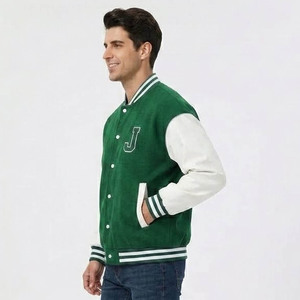 <b>Men's</b> Green <b>White</b> Varsity <b>Jacket</b> Letter J Embroidered Preppy Style Regular Fit Turn-down Collar Autumn Wear - Product Image 3