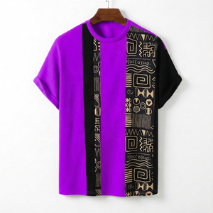 T-shirt décontracté pour homme à manches courtes avec motif géométrique, bordure contrastée, col rond tricoté, coupe classique - Product Image 5