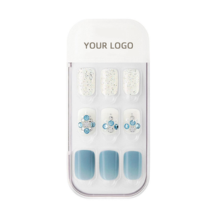 Kit de <span class=keywords><strong>Uñas</strong></span> Postizas de Etiqueta Privada, Diseño Degradado Azul Océano y Blanco, con Brillo y Diamantes de Imitación, <span class=keywords><strong>Uñas</strong></span> Postizas de Presión - Product Image 1