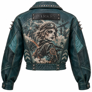 Teal Green <b>Women</b> Genuine Leather Aviator <b>Jacket</b> Custom Graphic Printed Studded Collar Cropped Outerwear OEM Factory Supplier - Product Image 2
