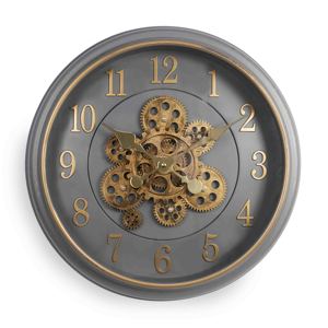 Moving gear wall <b>clock</b> 18 inch gray luxury rustic frame with <b>silent</b> vintage gold numbers for home décor - Product Image 1