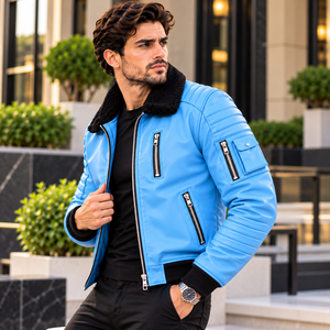 Chaqueta de Cuero Azul Cielo para Hombre, Estilo Motero, con Cuello de Piel Negra y Puños Acanalados, Ropa Exterior Moderna de Estilo Urbano - Product Image 3