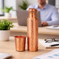 Ensemble de Bouteilles d'Eau Modernes Portables en Cuivre Pur à 99% Grande Capacité, Martelées, Anti-fuite, pour Yoga Ayurvédique - Vente en Gros