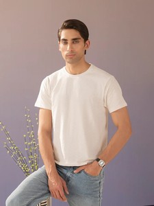 Camiseta de Algodón Blanca para Hombre, Corte Regular, Cuello Redondo, Manga Corta, Estilo Casual, Tejido de Punto, Transpirable, Anti-Pilling, 320g, Color Sólido - Product Image 1