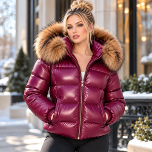 Women's Puffer <b>Leather</b> Jacket <b>with</b> Fox <b>fur</b> Trim , Pufferjacken Damen , Luxury Lambskin <b>Coats</b> S-XXL - Product Image 5