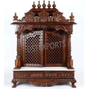 Mandir hindú tradicional tallado con puertas, tamaño personalizado, templo DST Exports, gabinete de sala de púja de madera de teca con acabado oscuro. - Product Image 1