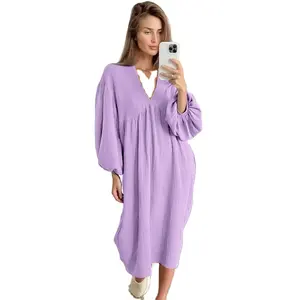 Spring Autumn V Neck Long Sleeve Morning Robes Cotton Night Gown Sleep Dress Women Loose Pajama Loungewear Night Dress