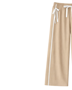 Custom Women Wide Leg Sweatpants Beige Side Stripe High Waist Loose Fit Casual Track Pants Elastic <b>Drawstring</b> Lounge Wear OEM - Product Image 3
