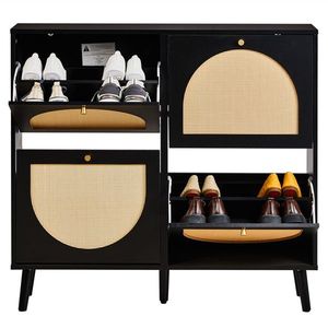Scarpiera in Rattan a 2 File e 4 Contenitori, con Piedini Alti, 105x24x98cm, Telaio Nero + Pannello Truciolare Originale + Rattan Sintetico Nero - Product Image 4