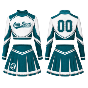 Teal White Sublimated Cheer <b>Long</b> Sleeve Uniform Set <b>Pleated</b> <b>Skirt</b> Athletic Team Sportswear Training Practice Performance Custom - Product Image 1