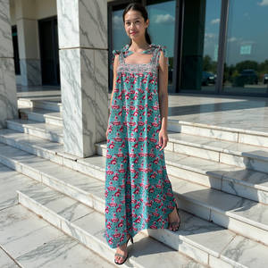 Bretelles à nouer réglables Jeunes femmes Casual Boho Ethnique Floral Maxi Dress Encolure carrée Bleu Vert Sans manches - Product Image 1