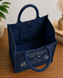 Bolsa de compras de yute para la playa, tamaño mediano, azul marino, con diseño de montaña 'Good Things Take Time', asa superior, reutilizable, gran capacidad, para supermercado - Product Image 5