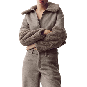 New <b>Women's</b> Wool Blend Bomber <b>Jacket</b> Oversized <b>Zip</b> <b>Up</b> Winter Coat Premium Streetwear Outerwear Rib Knit Trim custom manufacturer - Product Image 6