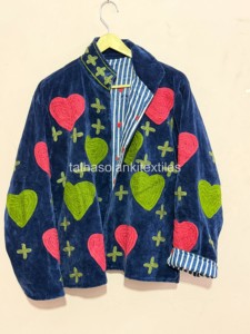 <b>Velvet</b> Embroidered Jacket <b>Women</b> Mandarin Collar Full Sleeve Heart Applique Autumn <b>Coat</b> Handmade Design - Product Image 2