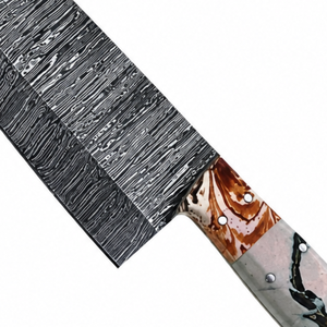 Cuchillo de Chef de Damasco Texturizado con Mango Marmoleado Negro, Gris y Marrón y Hoja con Patrón Plateado para Cortar en la Cocina y Preparar Alimentos - Product Image 6