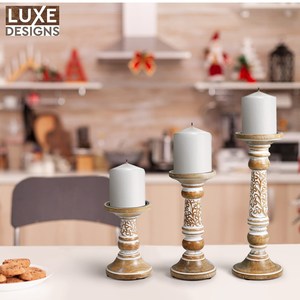 Juego de 3 Portavelas de Madera de Mango Tallada a Mano, Acabado Blanqueado, Soportes Decorativos para Velas de Estilo Boho - Product Image 3