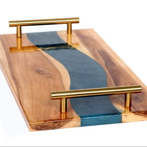 Bandeja de servir de madera natural y resina con asa de metal para desayuno, café, cocina, comedor y sala de estar, bandeja decorativa - Product Image 1