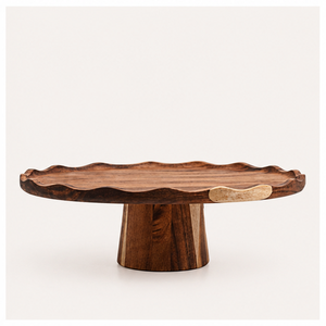 Natural Wood Scalloped Edge <b>Cake</b> <b>Stand</b> Handcrafted Round Wooden Pedestal For Weddings Birthdays And Rustic Home Decor Display - Product Image 1