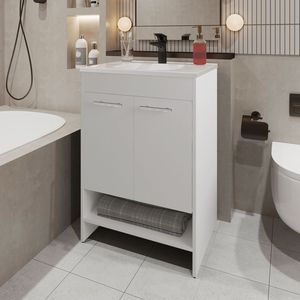 Mobile da Bagno Shell con 2 Ante e Vano Aperto, Vanità Bianche per Bagni - Product Image 1