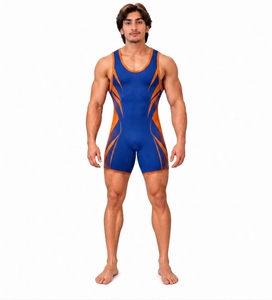 Men Wrestling Singlet Sleeveless Blue Orange Sublimation Print Breathable Spandex Nylon Gymnastics <b>Romper</b> All Seasons - Product Image 1