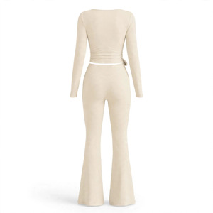 Combinaison de yoga pour femme, couleur personnalisable, à col licou et manches longues, taille mi-haute, jambe évasée, ceinture à nouer, extensible, séchage rapide, longueur intégrale, 2 pièces - Product Image 2