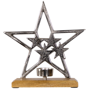 Décoration de Noël en métal « Étoiles dans une étoile », porte-bougie chauffe-plat avec base en bois - Product Image 4