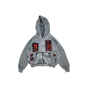 Sudadera con capucha Y2K con cremallera - Estampado gótico de esqueleto con grafiti, sudadera extragrande corta, estilo grunge streetwear - Product Image 1