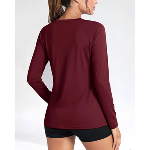 Unisex Long Sleeve <b>Burgundy</b> Rash Guard Quick Dry Breathable Eco-Friendly UPF50 Anti-Bacterial Full Coverage Front Logo Active - Product Image 2