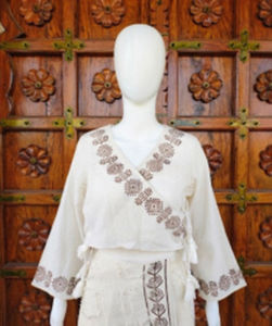 Top Informal Premium Estilo Boho Chic, Tejido en Algodón, Corte Regular, Manga Kimono, Cuello en V, Cordón Ajustable, Verano, ODM - Product Image 3